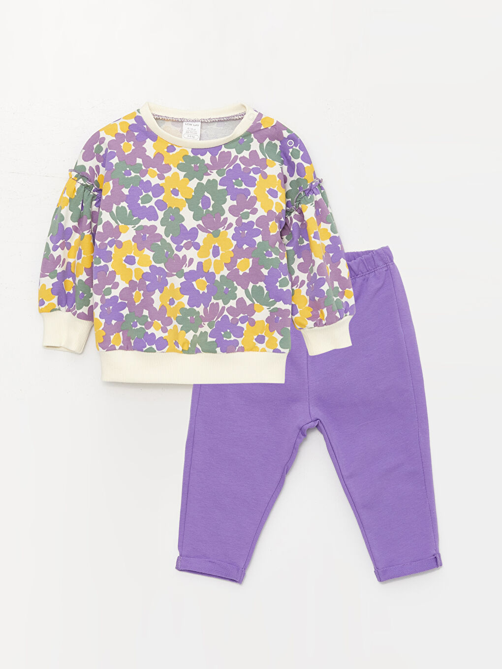 Ekru Bisiklet Yaka Uzun Kollu Baskılı Kız Bebek Sweatshirt ve Eşofman Alt 2'li Takım