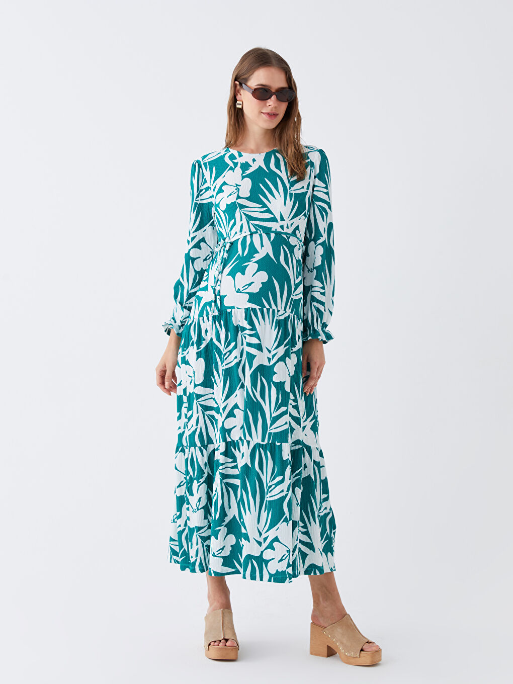 Robe Maternité à Motifs à Manches Longues avec Col Rond