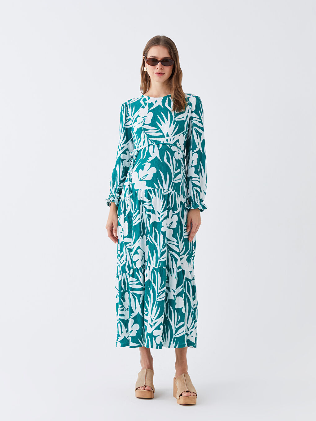 Robe Maternité à Motifs à Manches Longues avec Col Rond-1
