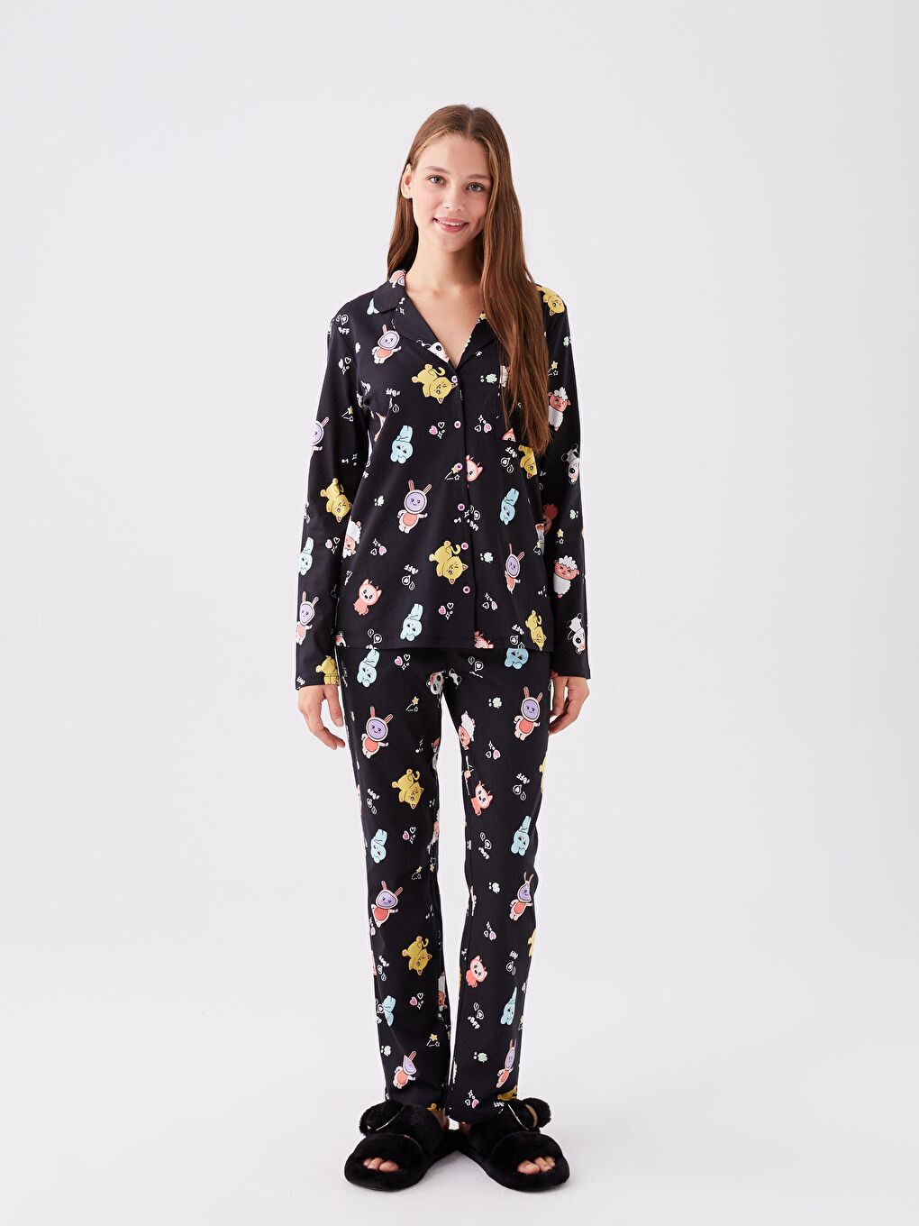 Shirt Collar Patterned Women's Pyjama Set-1