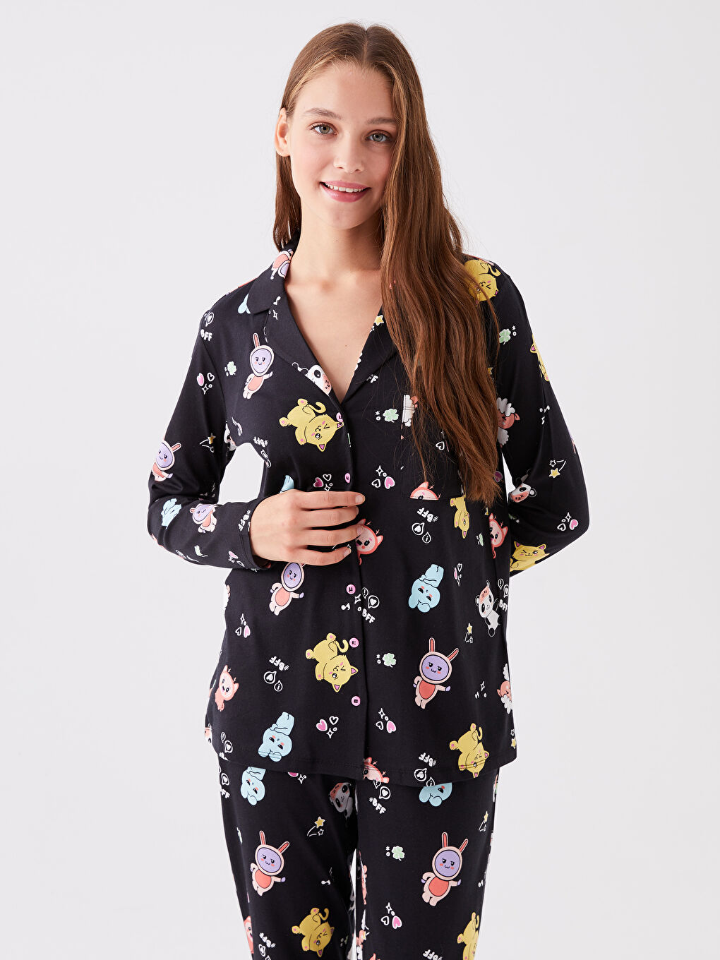 Shirt Collar Patterned Women's Pyjama Set-2