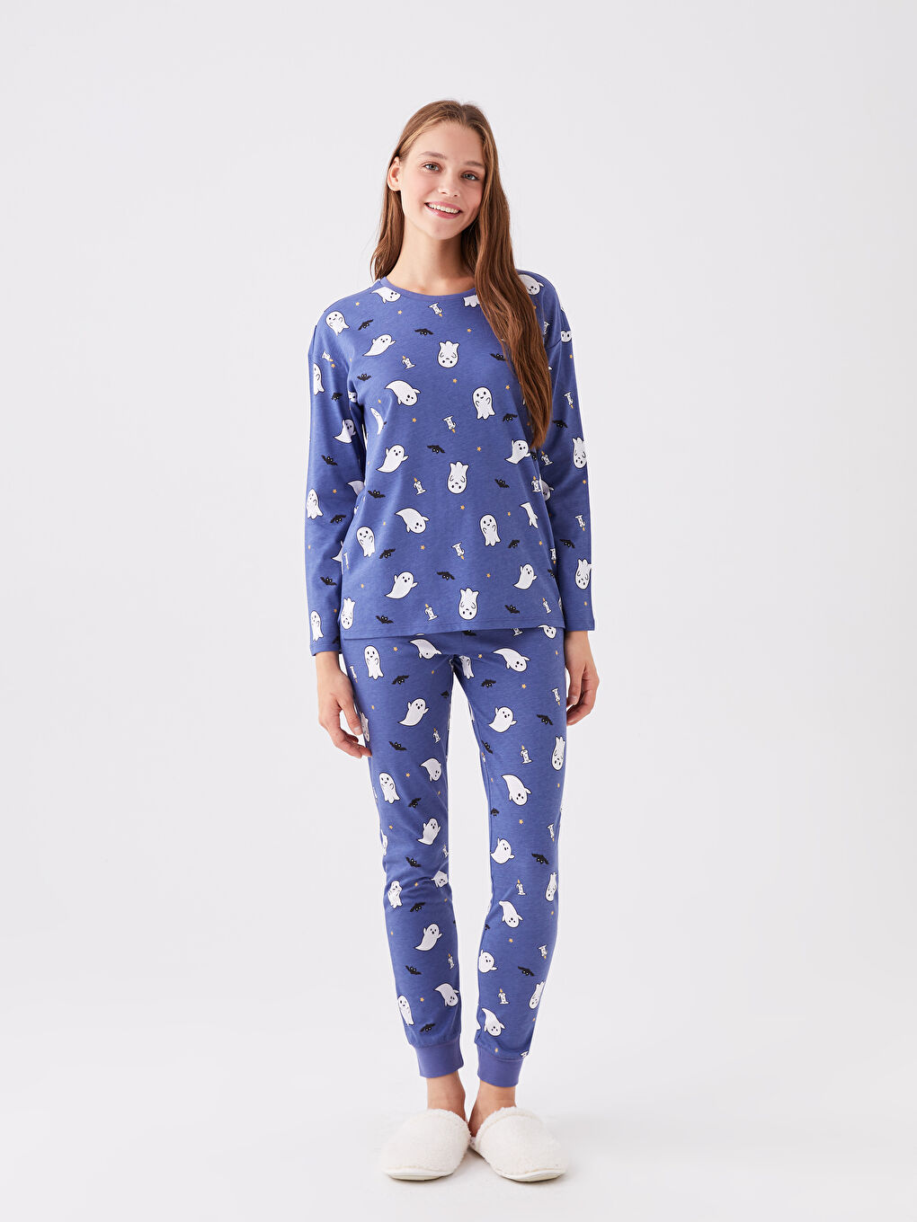 Mor Bisiklet Yaka Desenli Uzun Kollu Kadın Pijama Takımı