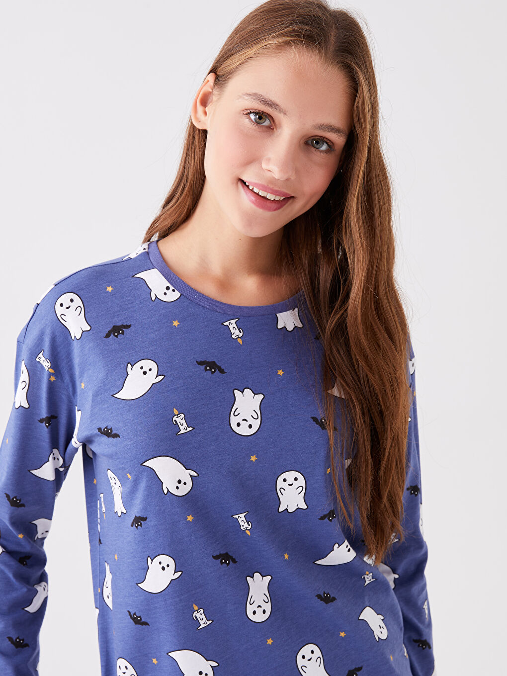 Mor Bisiklet Yaka Desenli Uzun Kollu Kadın Pijama Takımı-1