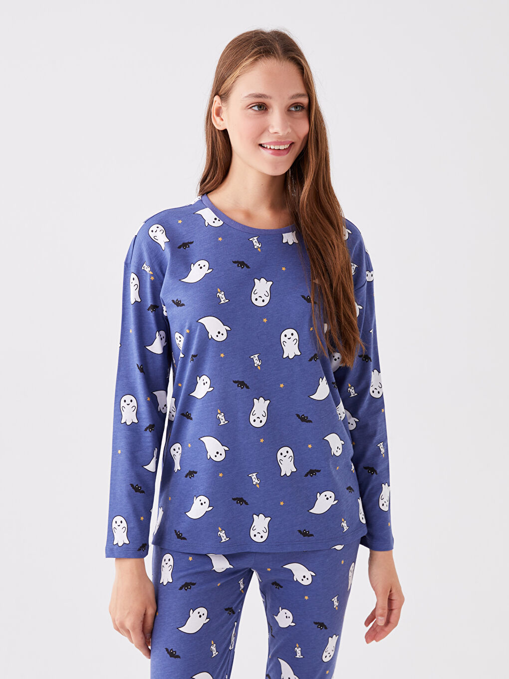 Mor Bisiklet Yaka Desenli Uzun Kollu Kadın Pijama Takımı-2