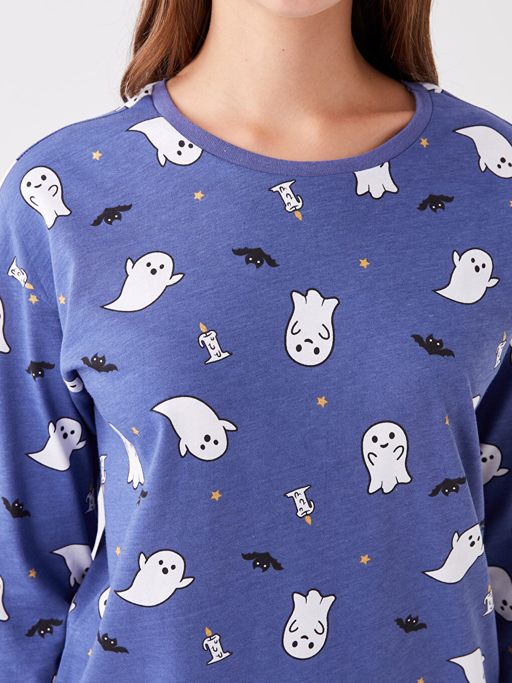 Mor Bisiklet Yaka Desenli Uzun Kollu Kadın Pijama Takımı-3