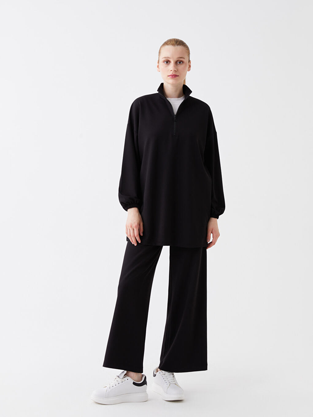 Siyah Beli Lastikli Düz Geniş Paça Kadın Eşofman Altı