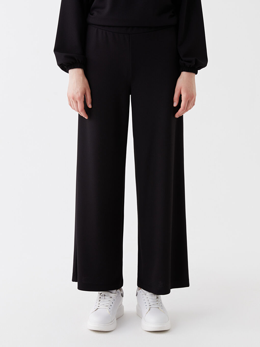 Siyah Beli Lastikli Düz Geniş Paça Kadın Eşofman Altı-2