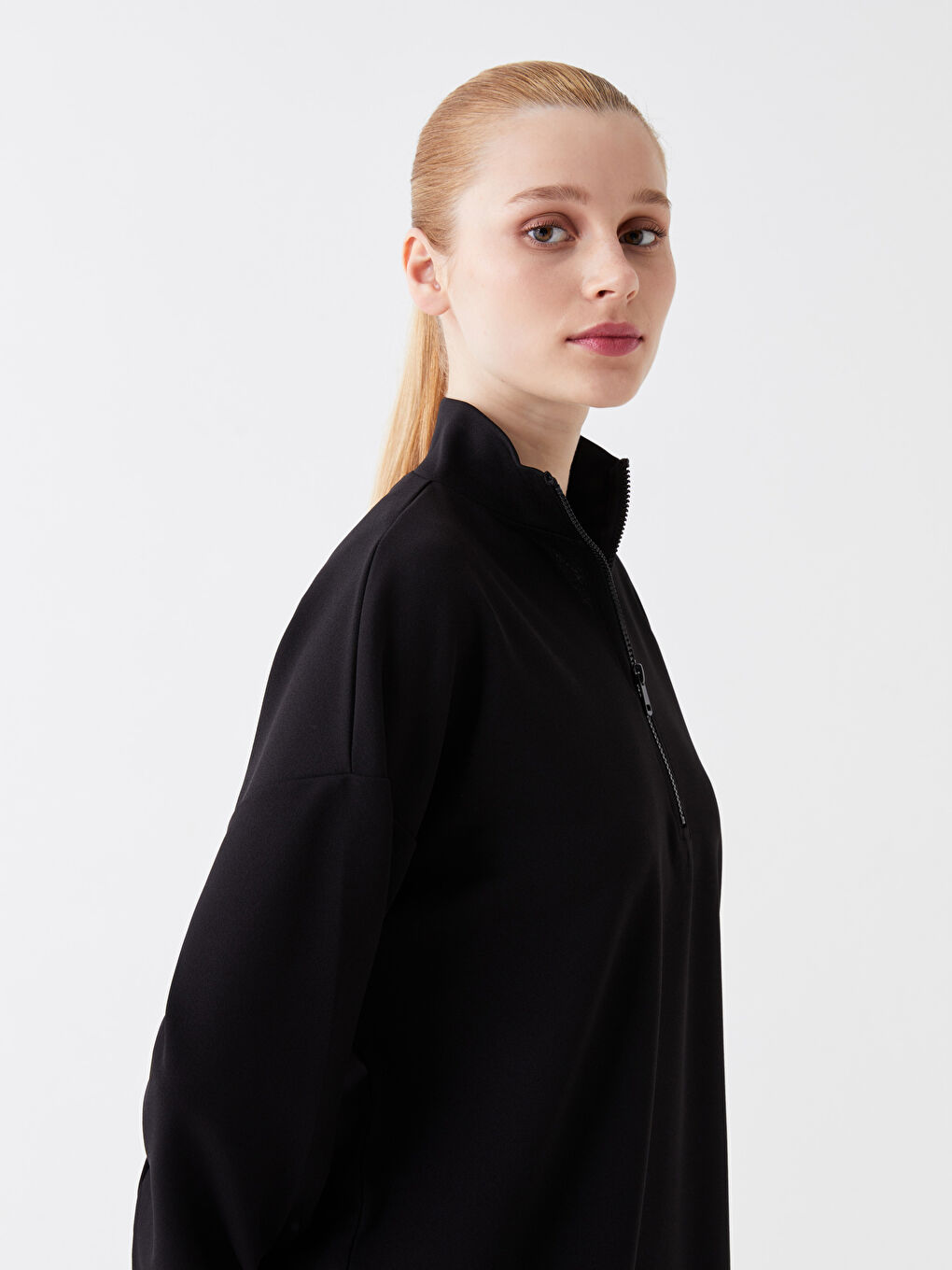 Siyah Dik Yaka Düz Uzun Kollu Oversize Kadın Sweatshirt Tunik-2