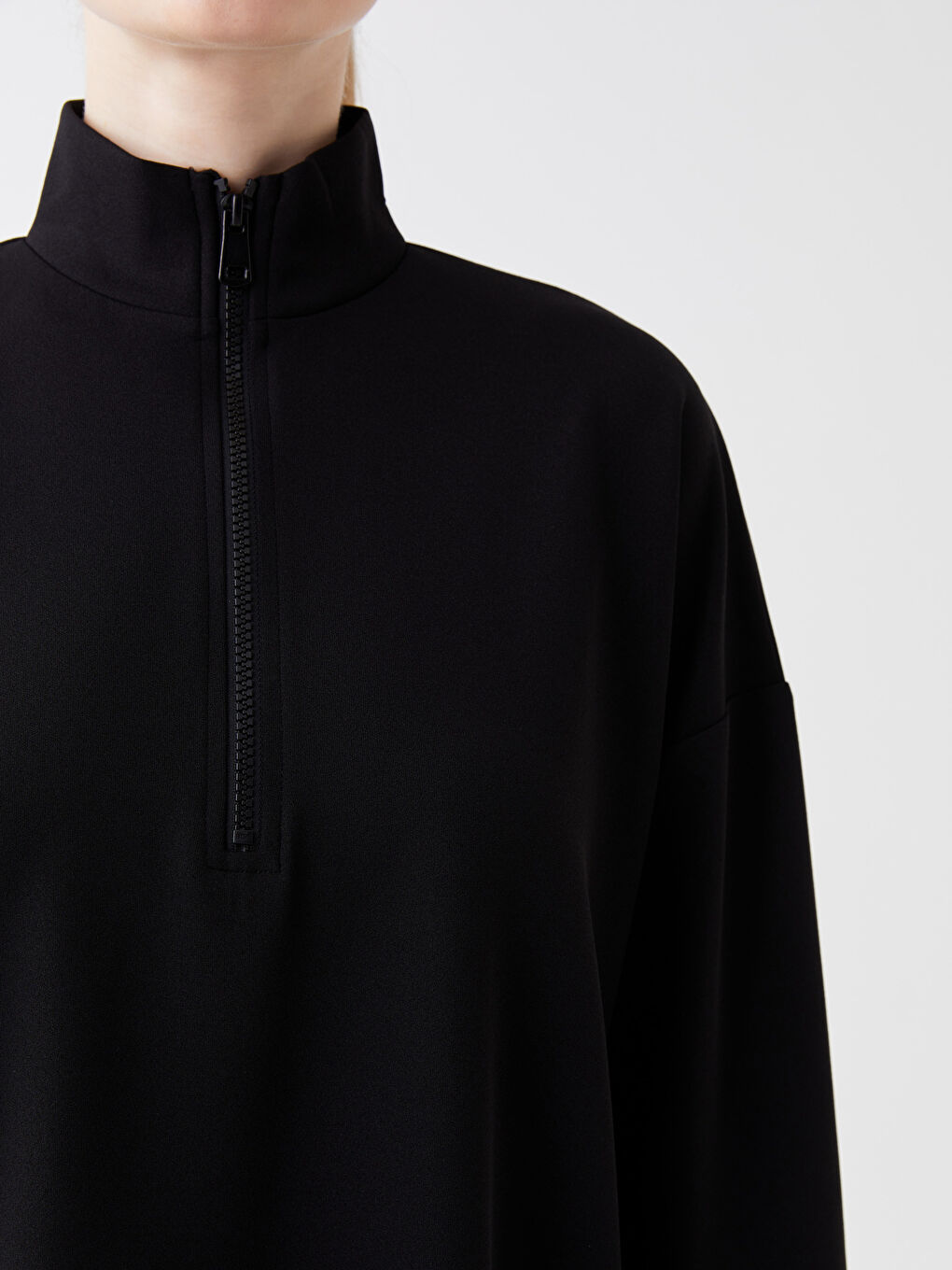 Siyah Dik Yaka Düz Uzun Kollu Oversize Kadın Sweatshirt Tunik-3