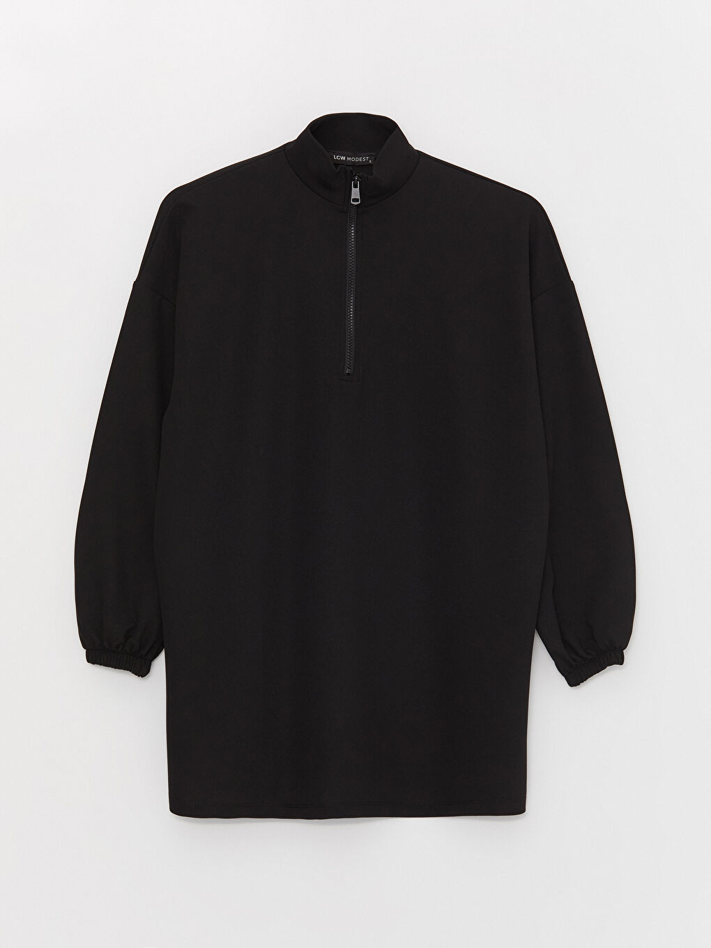 Siyah Dik Yaka Düz Uzun Kollu Oversize Kadın Sweatshirt Tunik-5