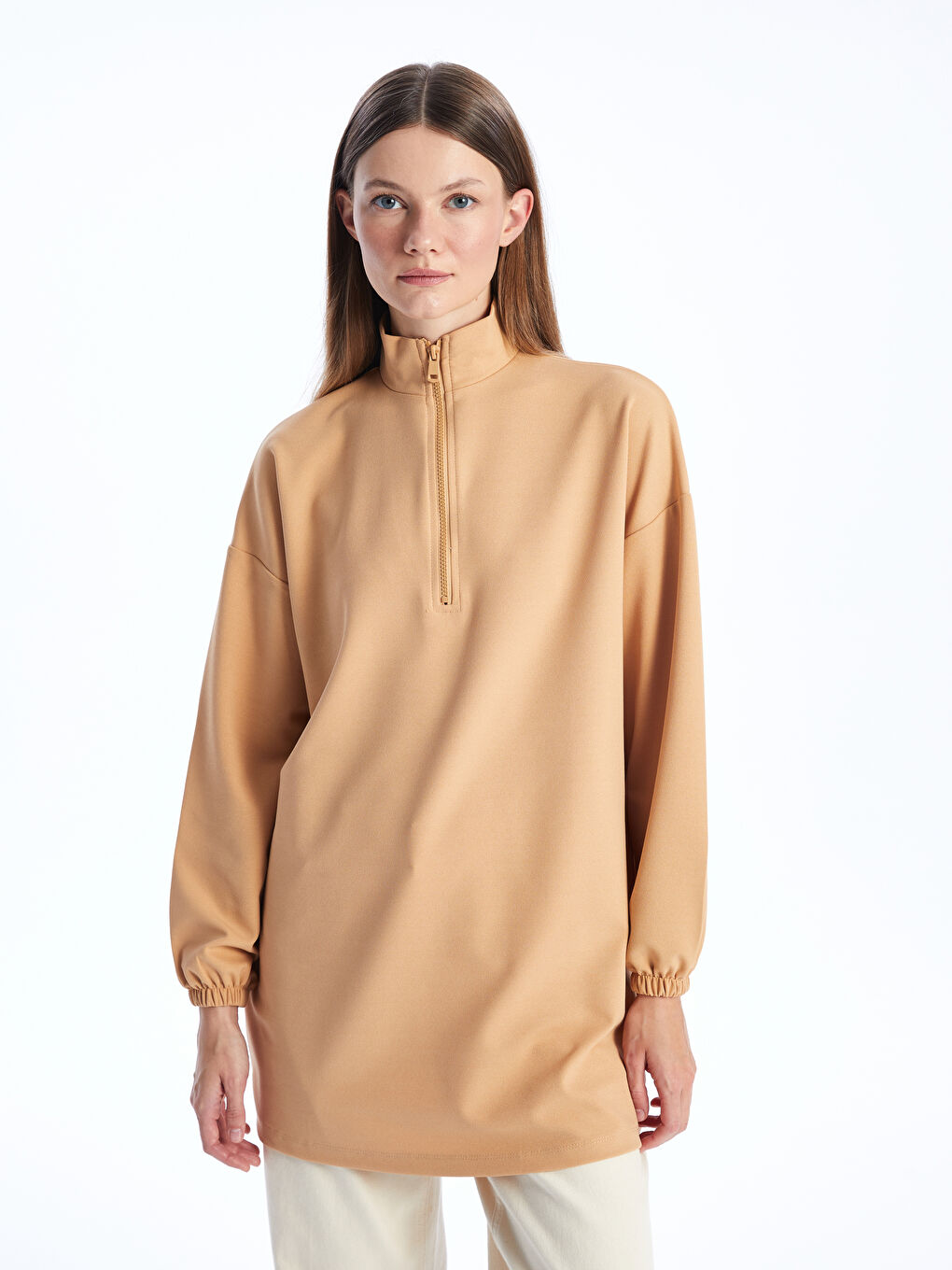 LCW Modest Devetüyü Dik Yaka Düz Uzun Kollu Oversize Kadın Sweatshirt Tunik - 1