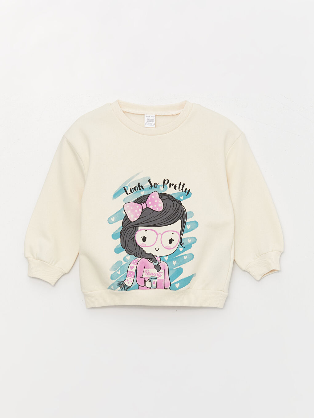 LCW baby Krem Rengi Bisiklet Yaka Uzun Kollu Baskılı Kız Bebek Sweatshirt