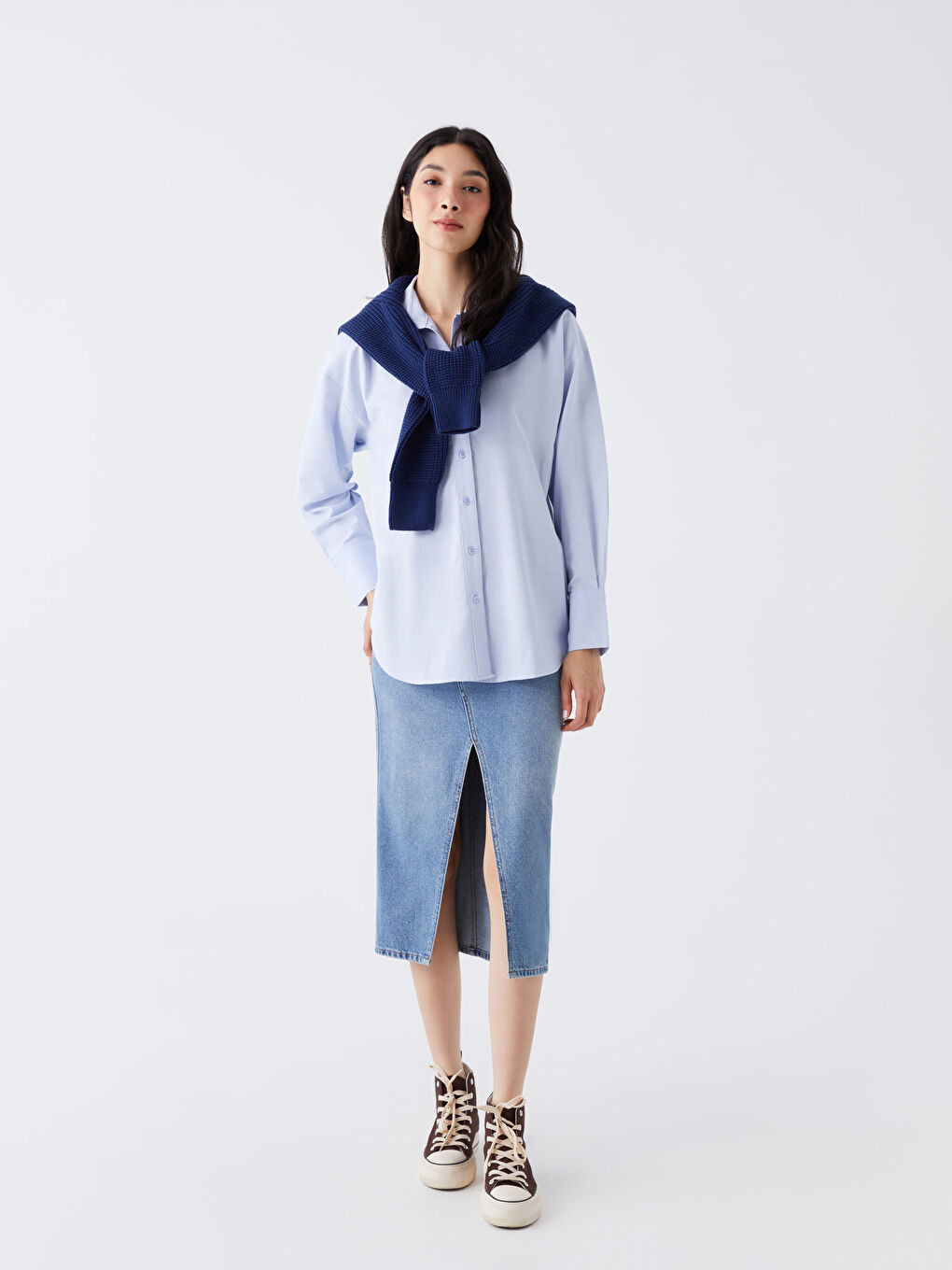 Mavi Düz Uzun Kollu Oversize Kadın Gömlek-2