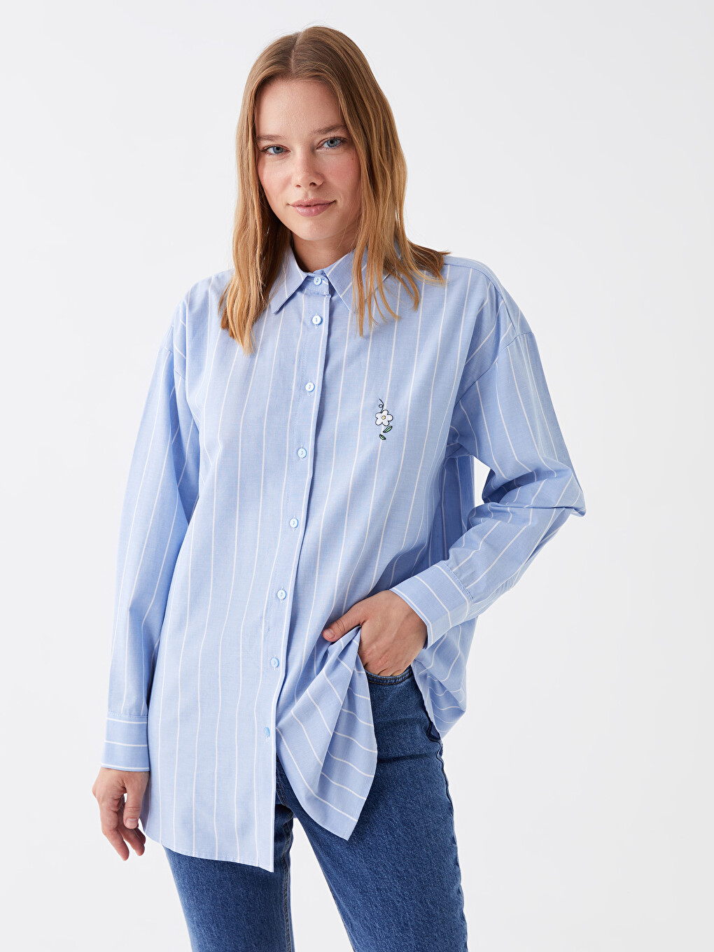 Mavi Çizgili Uzun Kollu Oversize Poplin Kadın Gömlek Tunik