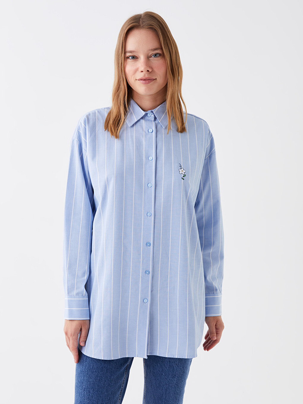 Mavi Çizgili Uzun Kollu Oversize Poplin Kadın Gömlek Tunik-1