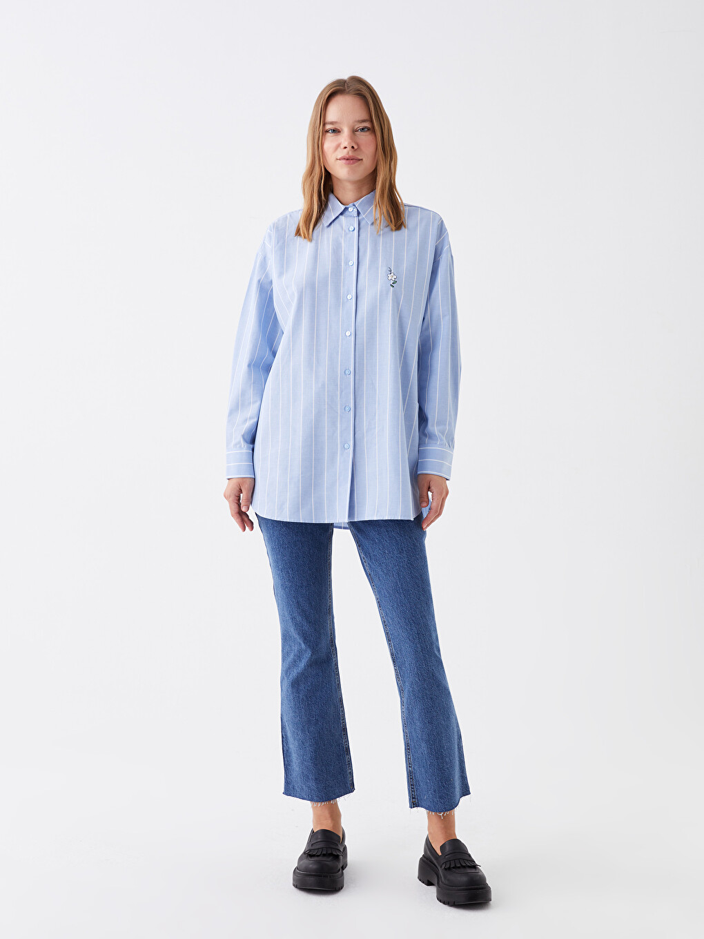 Mavi Çizgili Uzun Kollu Oversize Poplin Kadın Gömlek Tunik-2
