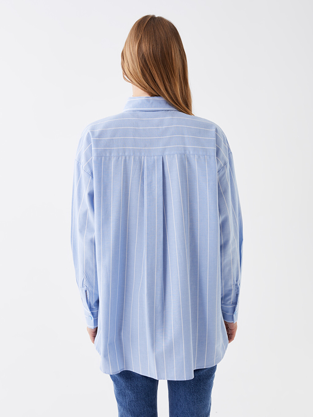 Mavi Çizgili Uzun Kollu Oversize Poplin Kadın Gömlek Tunik-4