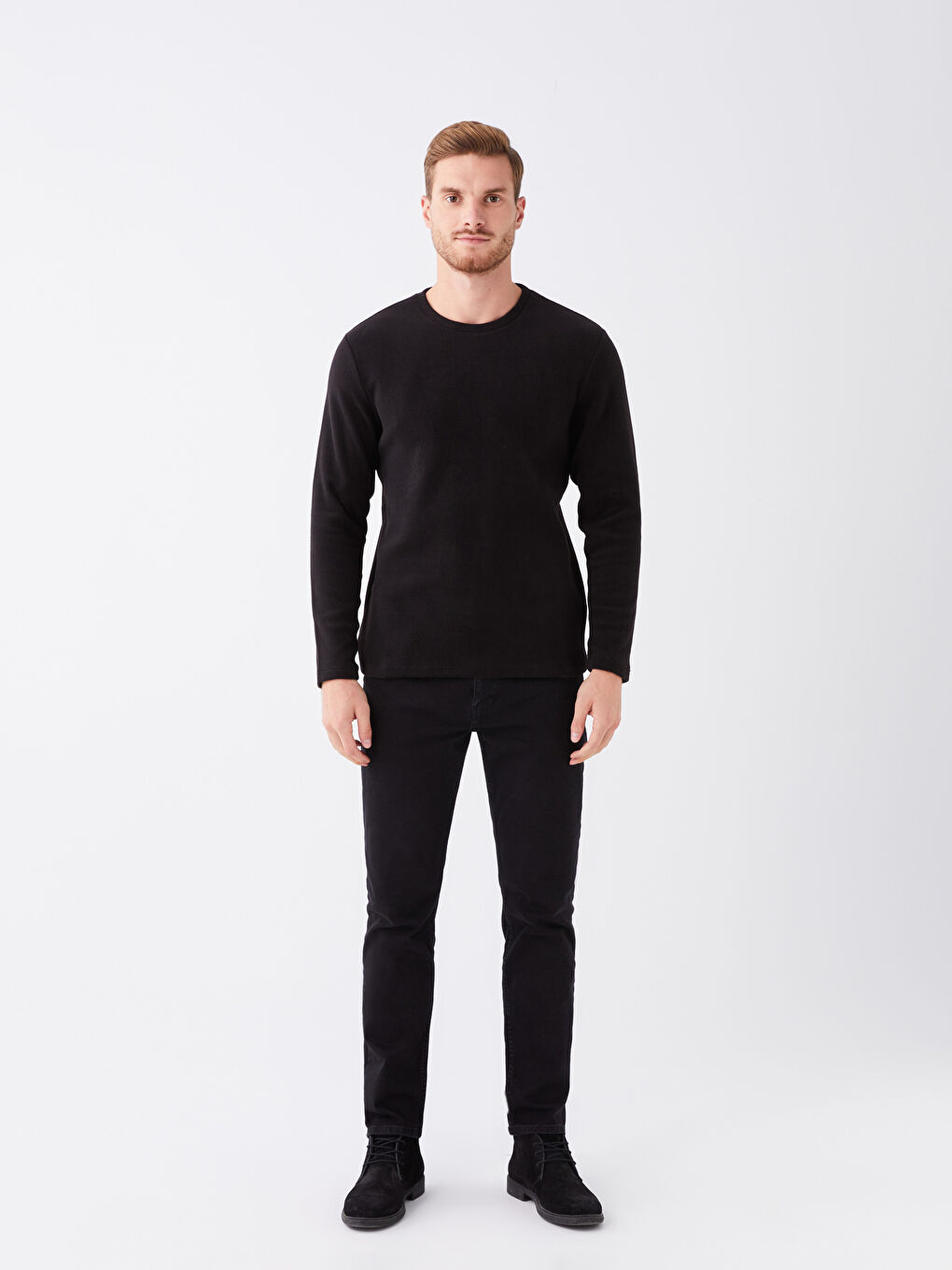 Siyah Bisiklet Yaka Uzun Kollu Polar Erkek Sweatshirt-1