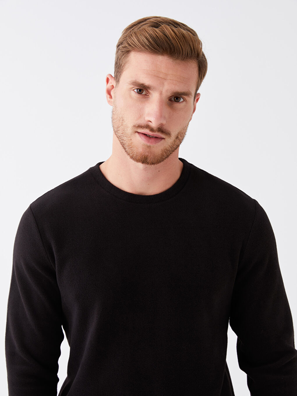 Siyah Bisiklet Yaka Uzun Kollu Polar Erkek Sweatshirt-2