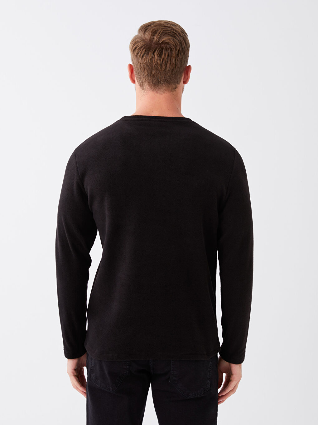 Siyah Bisiklet Yaka Uzun Kollu Polar Erkek Sweatshirt-4