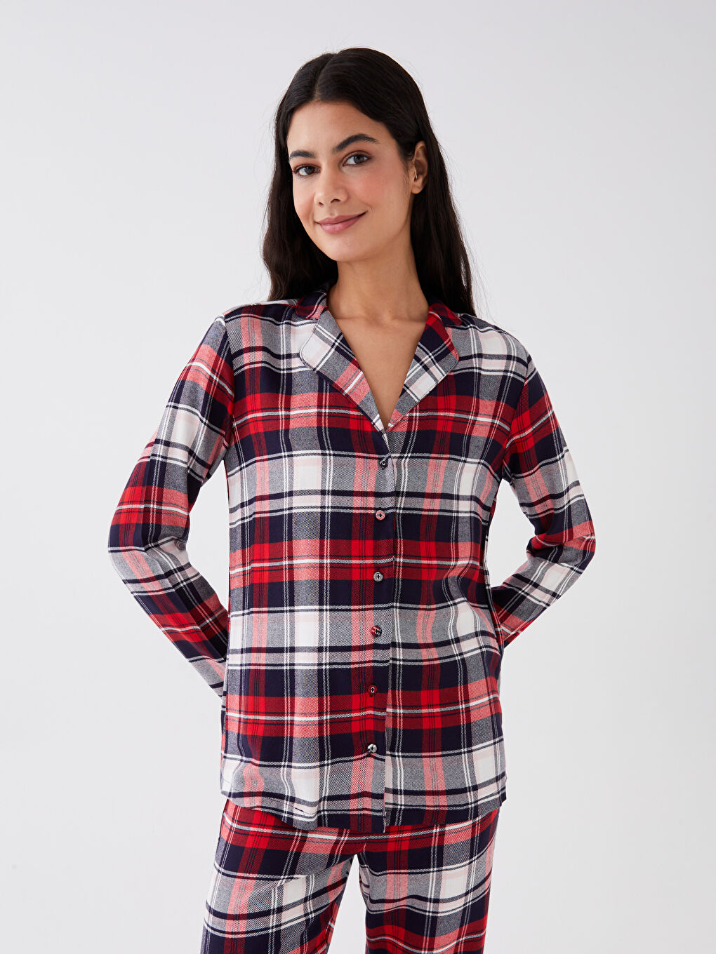 Kırmızı Gömlek Yaka Ekose Kadın Pijama Takımı