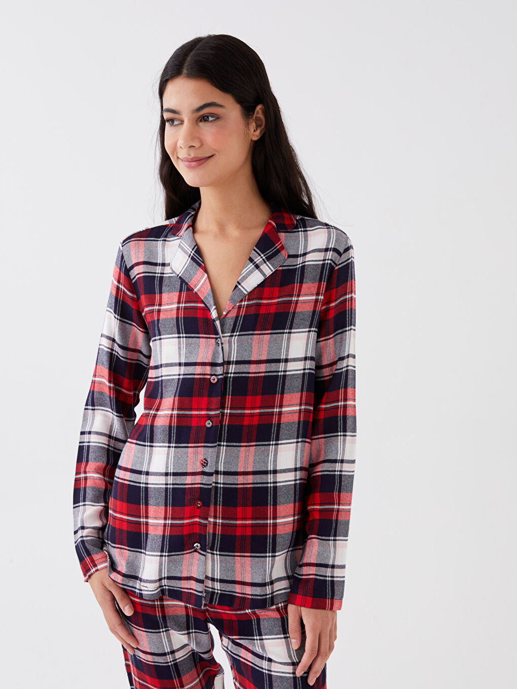 Kırmızı Gömlek Yaka Ekose Kadın Pijama Takımı-1