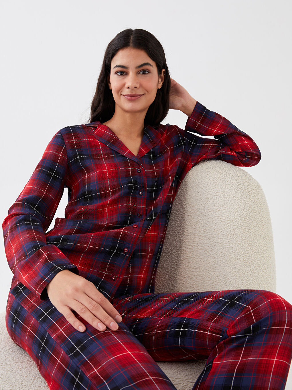 Kırmızı Gömlek Yaka Ekose Kadın Pijama Takımı