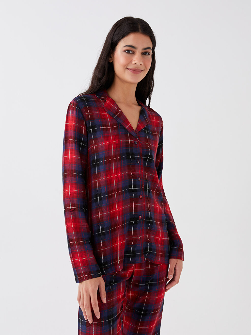 Kırmızı Gömlek Yaka Ekose Kadın Pijama Takımı-1