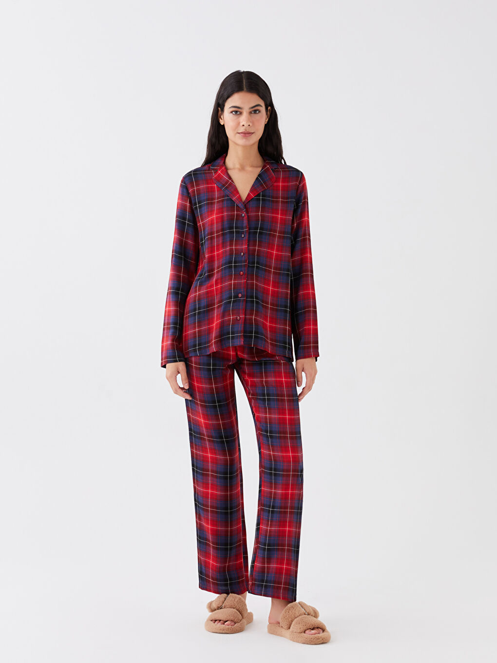 Kırmızı Gömlek Yaka Ekose Kadın Pijama Takımı-2
