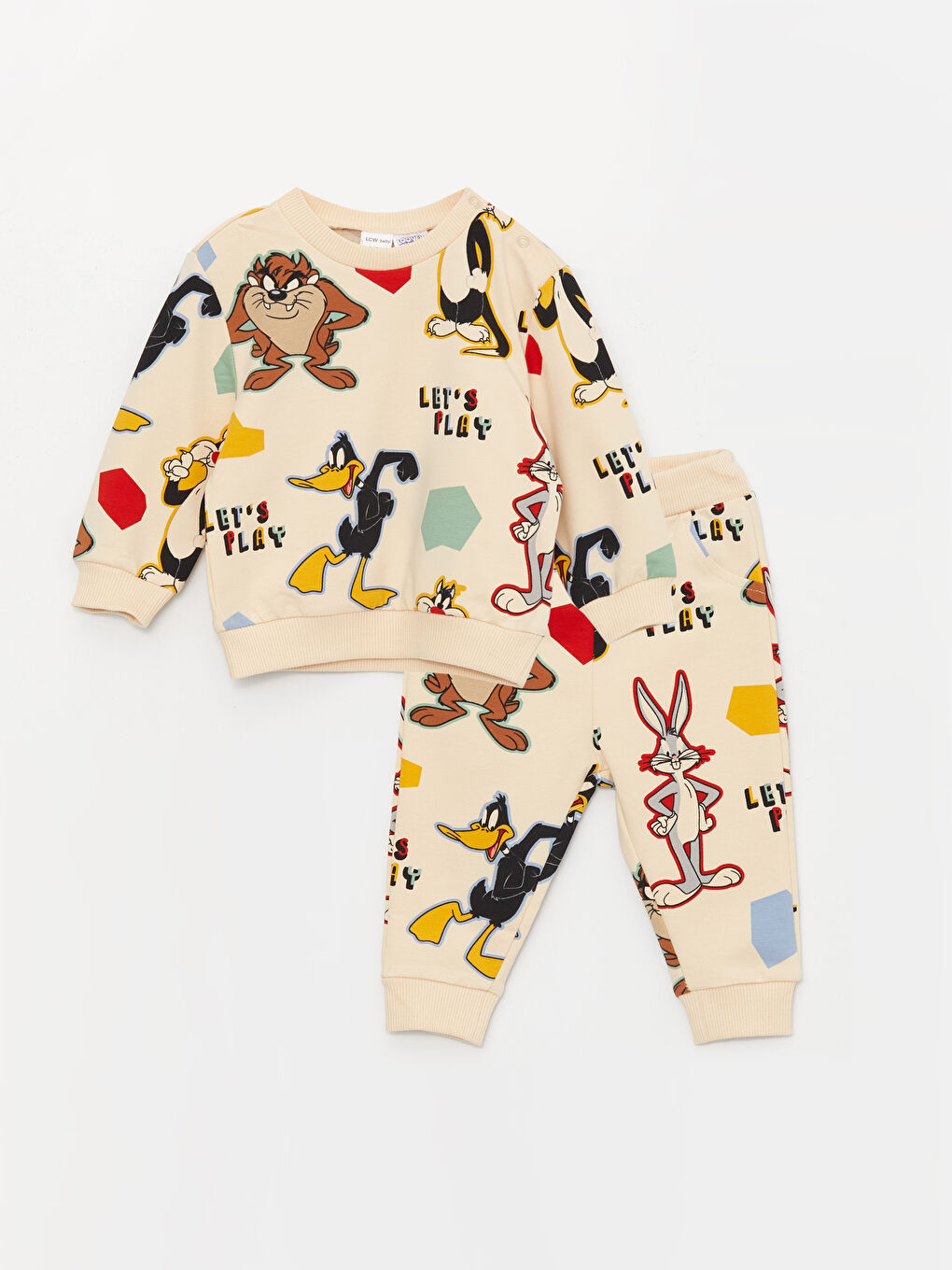 LCW baby Bej Bisiklet Yaka Looney Tunes Baskılı Erkek Bebek Sweatshirt ve Pantolon 2'li Takım