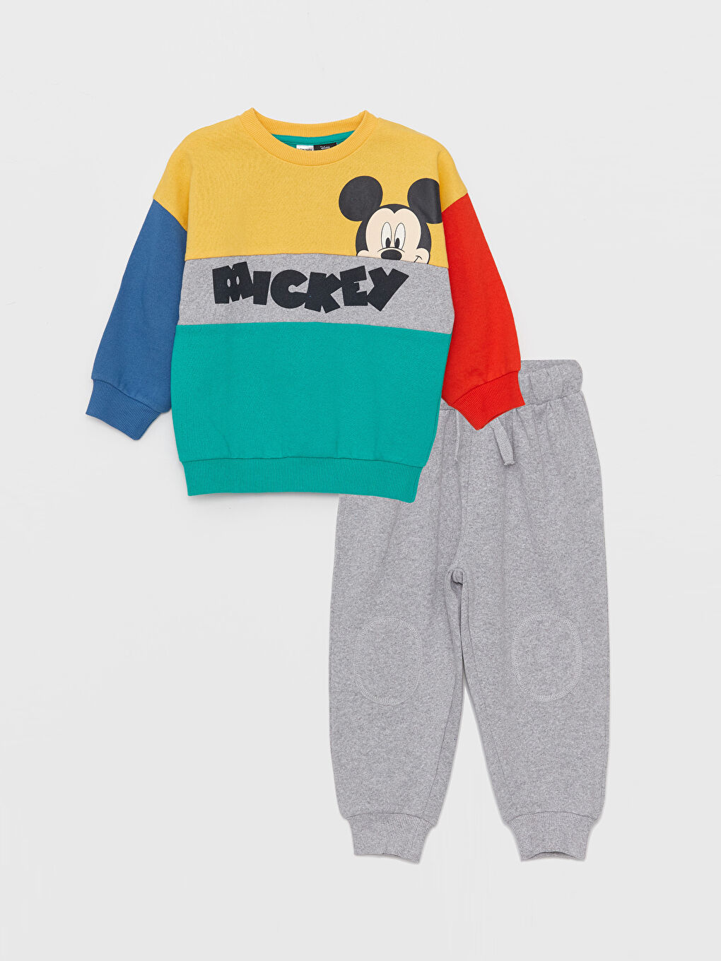 LCW baby Yeşil Bisiklet Yaka Uzun Kollu Mickey Mouse Baskılı Erkek Bebek Sweatshirt ve Eşofman Alt 2'li Takım - 1