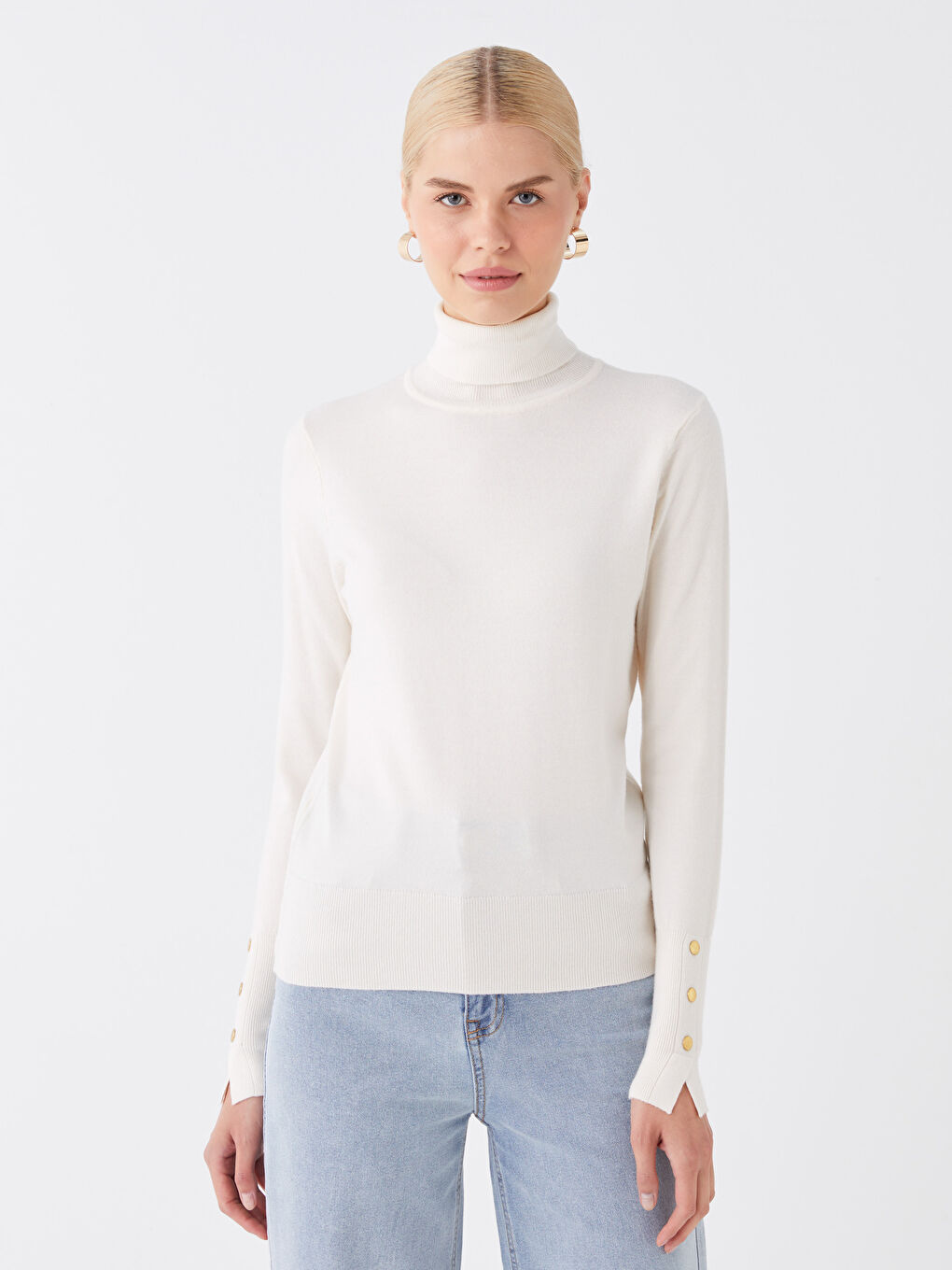 Әйелдерге арналған трикотаж биік жағалы өрнексіз ұзын жең жемпір