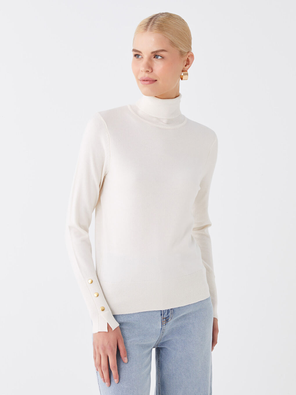 Әйелдерге арналған трикотаж биік жағалы өрнексіз ұзын жең жемпір-1