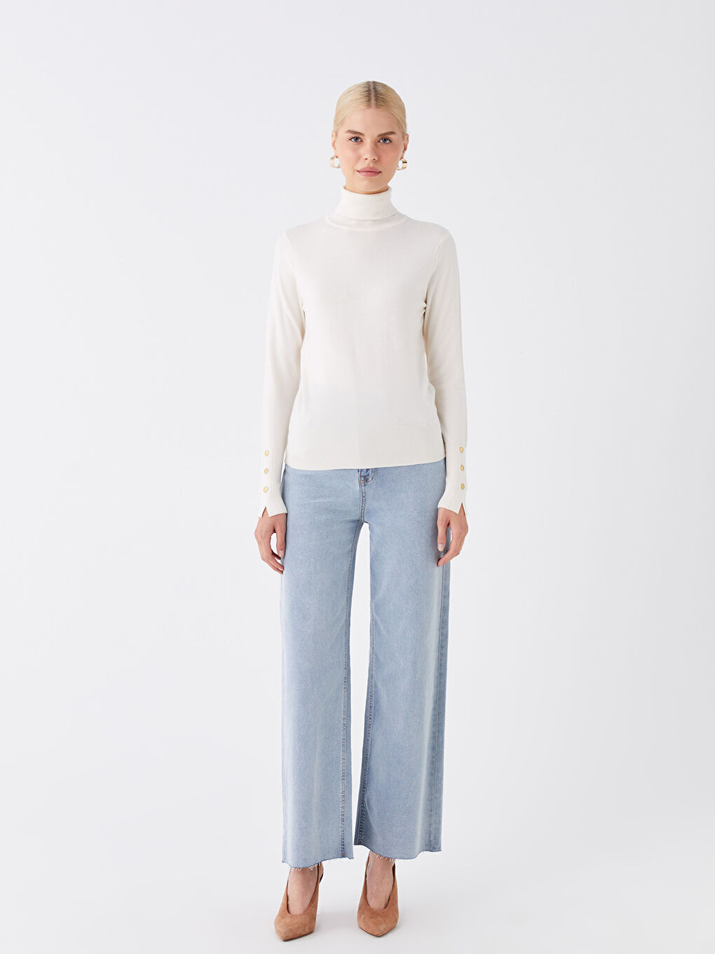 Әйелдерге арналған трикотаж биік жағалы өрнексіз ұзын жең жемпір-2