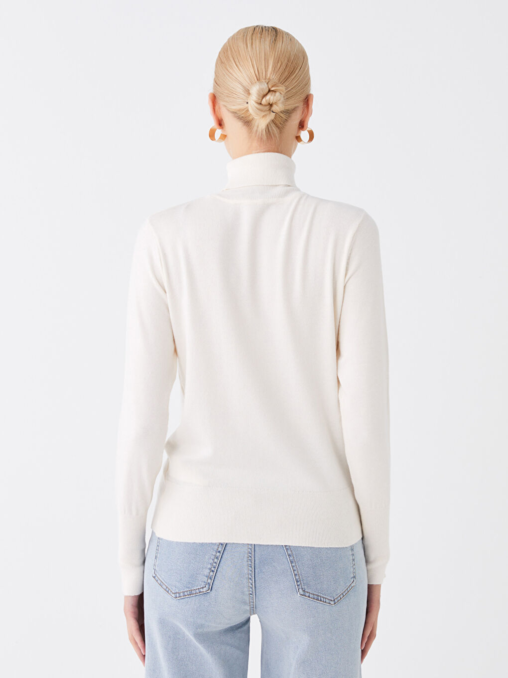 Әйелдерге арналған трикотаж биік жағалы өрнексіз ұзын жең жемпір-4