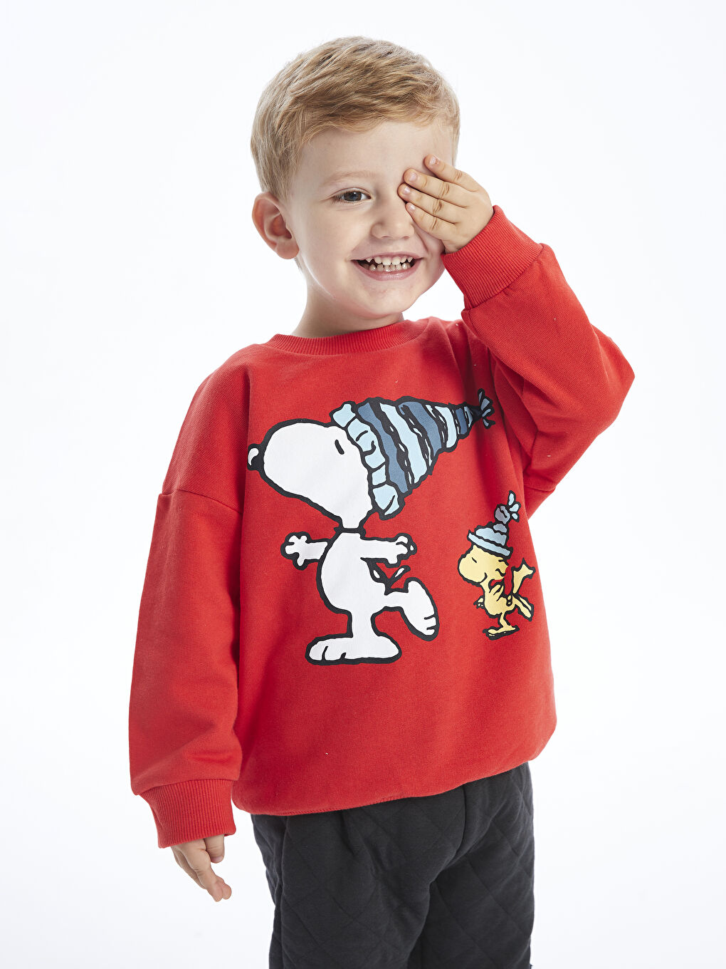 LCW baby Canlı Turuncu Bisiklet Yaka Uzun Kollu Snoopy Baskılı Erkek Bebek Sweatshirt ve Eşofman Alt 2'li Takım