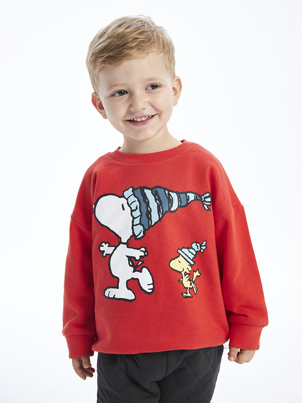 LCW baby Canlı Turuncu Bisiklet Yaka Uzun Kollu Snoopy Baskılı Erkek Bebek Sweatshirt ve Eşofman Alt 2'li Takım - 2