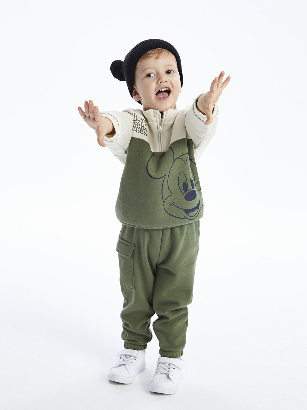 Gri Dik Yaka Uzun Kollu Mickey Mouse Baskılı Erkek Bebek Sweatshirt ve Eşofman Alt 2'li Takım-1