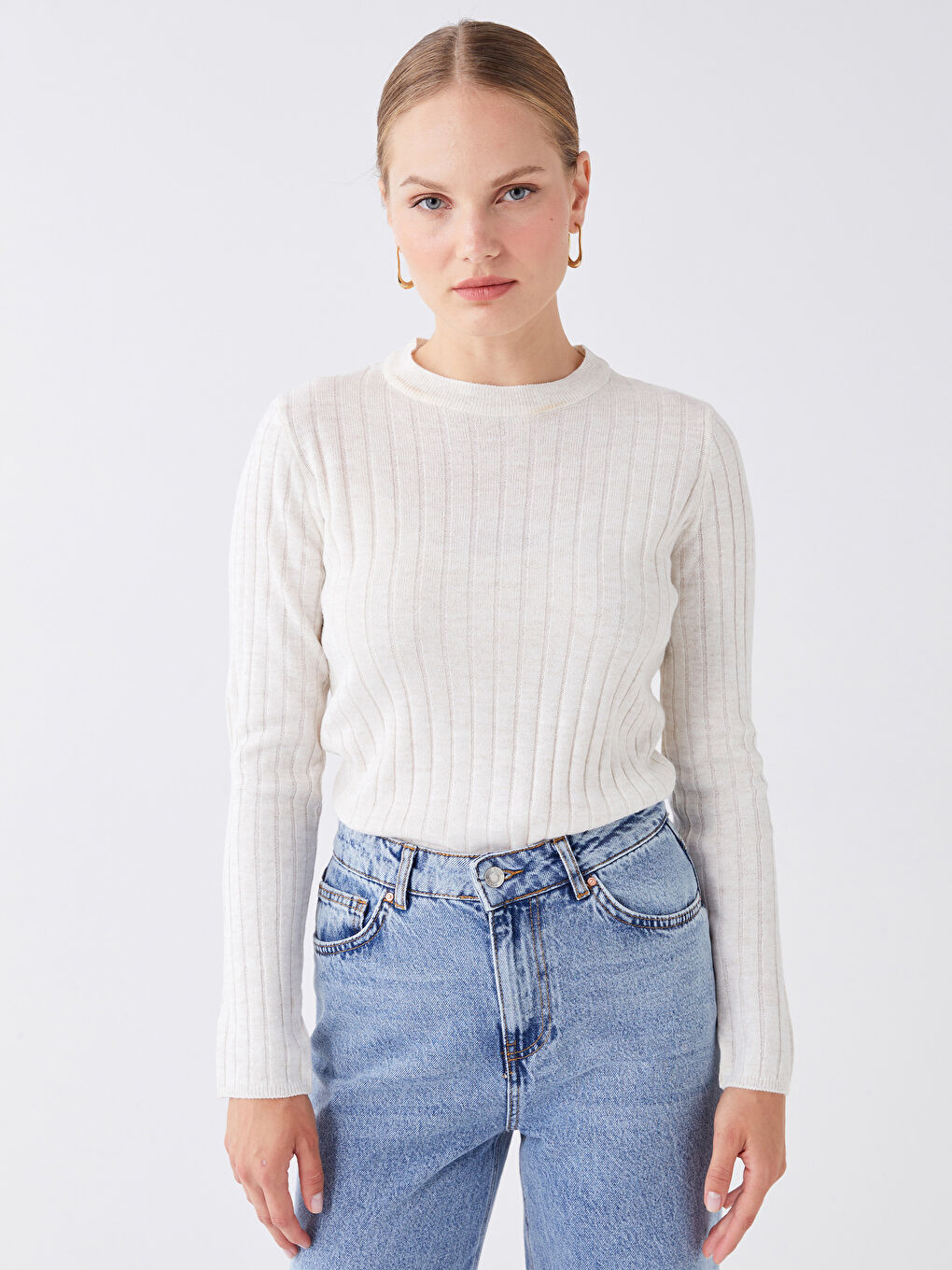 Crew Neck Self Patterned Long Sleeve Women's Knitwear Sweater