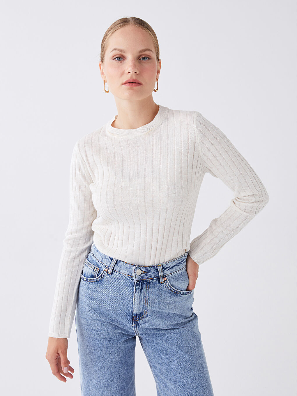 Crew Neck Self Patterned Long Sleeve Women's Knitwear Sweater-1