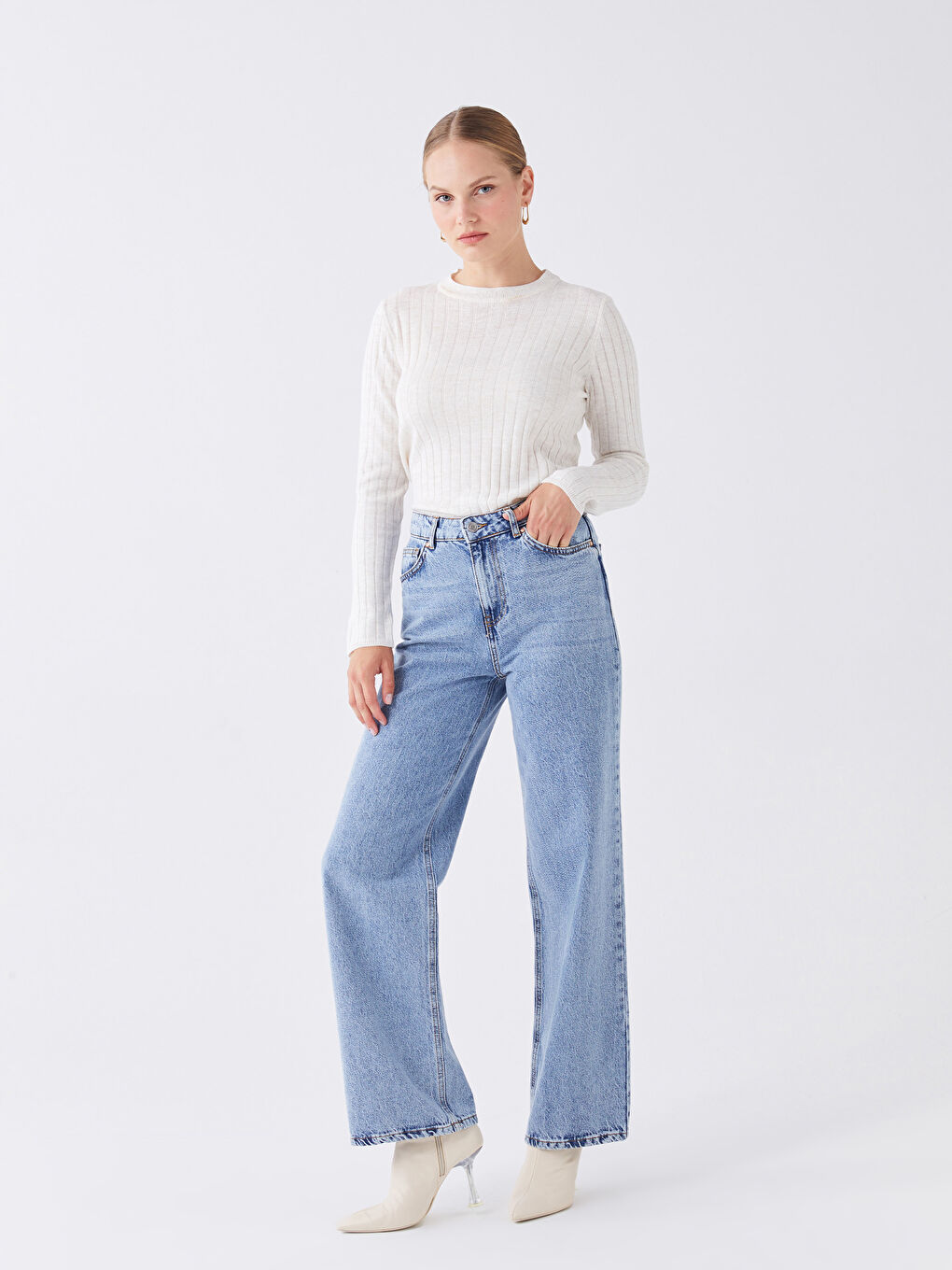 Crew Neck Self Patterned Long Sleeve Women's Knitwear Sweater-2