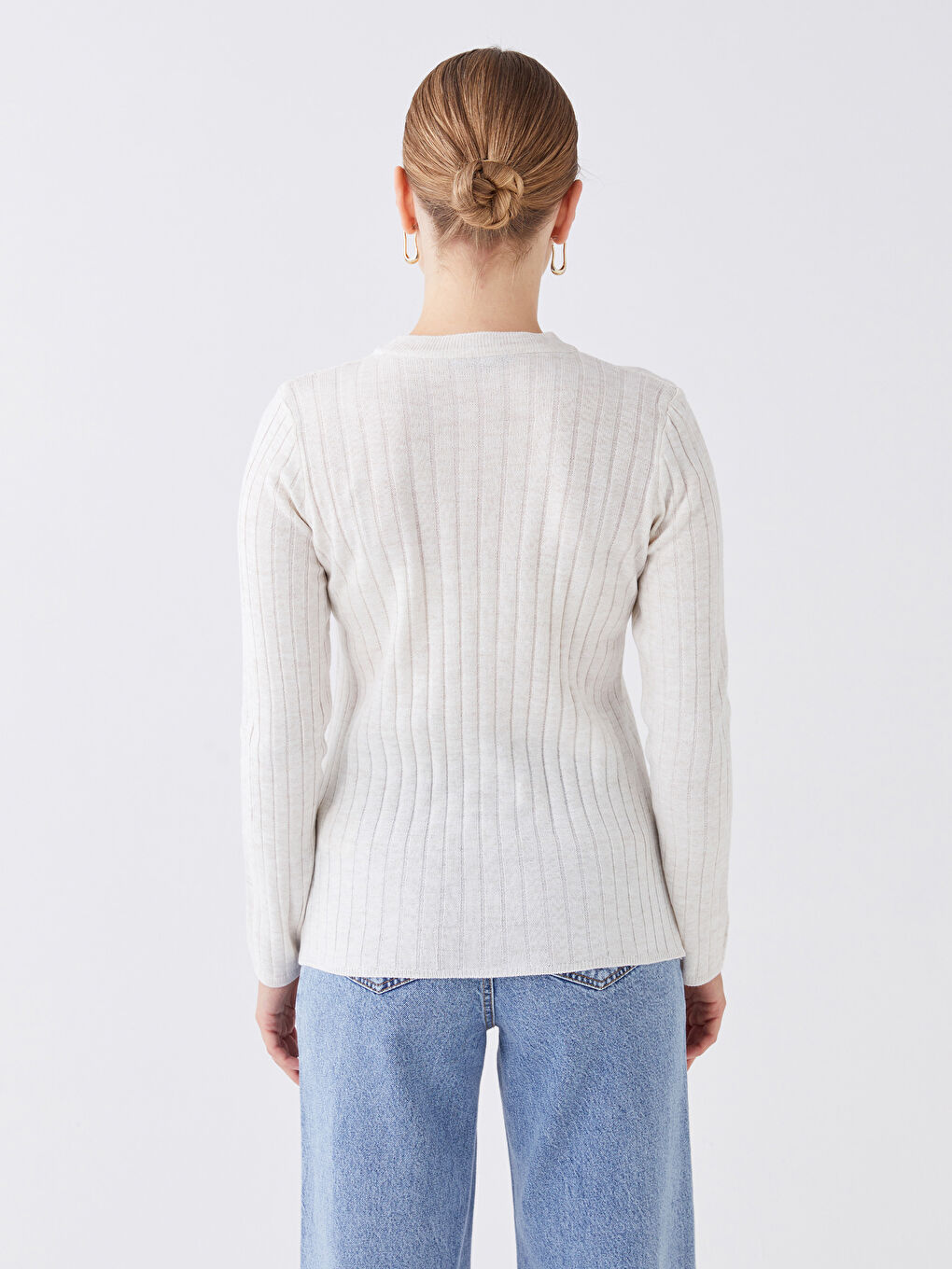 Crew Neck Self Patterned Long Sleeve Women's Knitwear Sweater-4