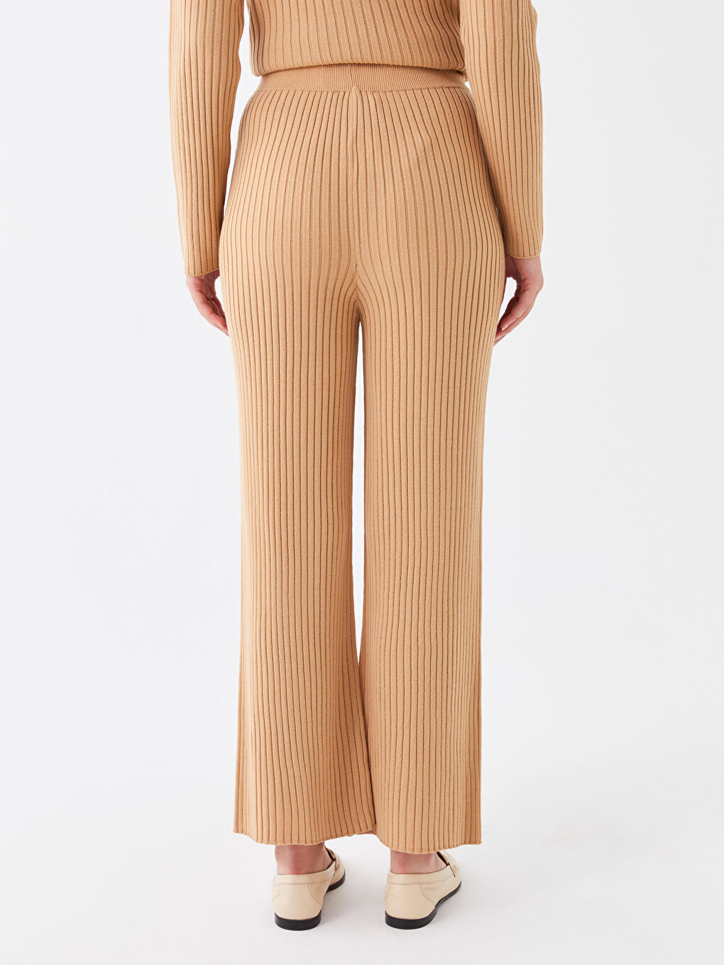 Bej Beli Lastikli Düz Geniş Paça Kadın Triko Pantolon-3