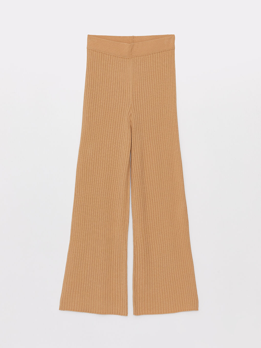 Bej Beli Lastikli Düz Geniş Paça Kadın Triko Pantolon-4