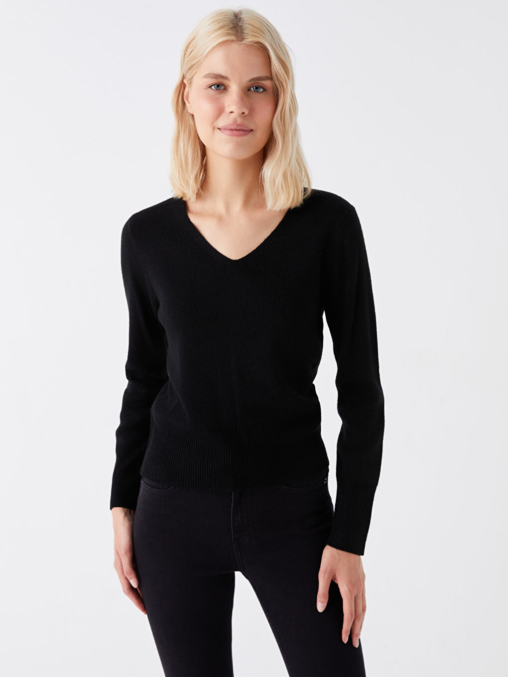 V Neck Plain Long Sleeve Women's Knitwear Sweater -W3BA92Z8-RQN