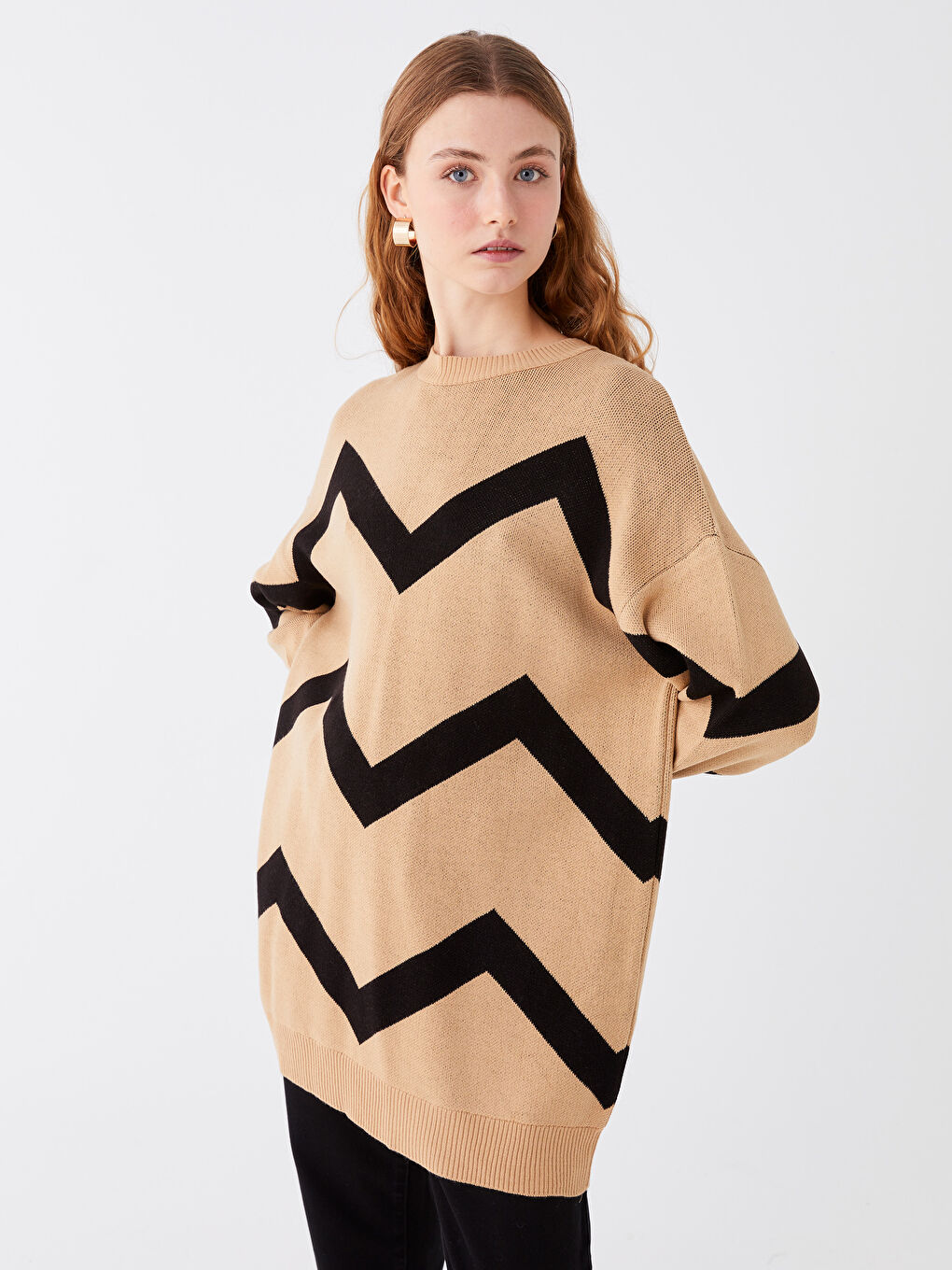 Kahverengi Bisiklet Yaka Çizgili Uzun Kollu Kadın Triko Tunik-1