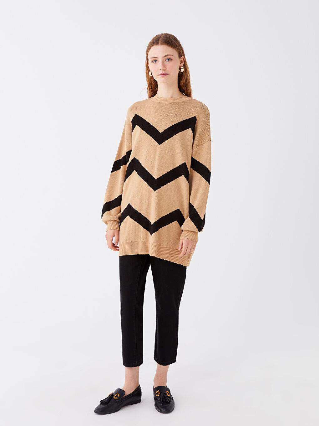 Kahverengi Bisiklet Yaka Çizgili Uzun Kollu Kadın Triko Tunik-2