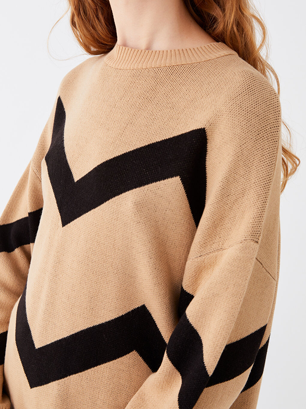 Kahverengi Bisiklet Yaka Çizgili Uzun Kollu Kadın Triko Tunik-3