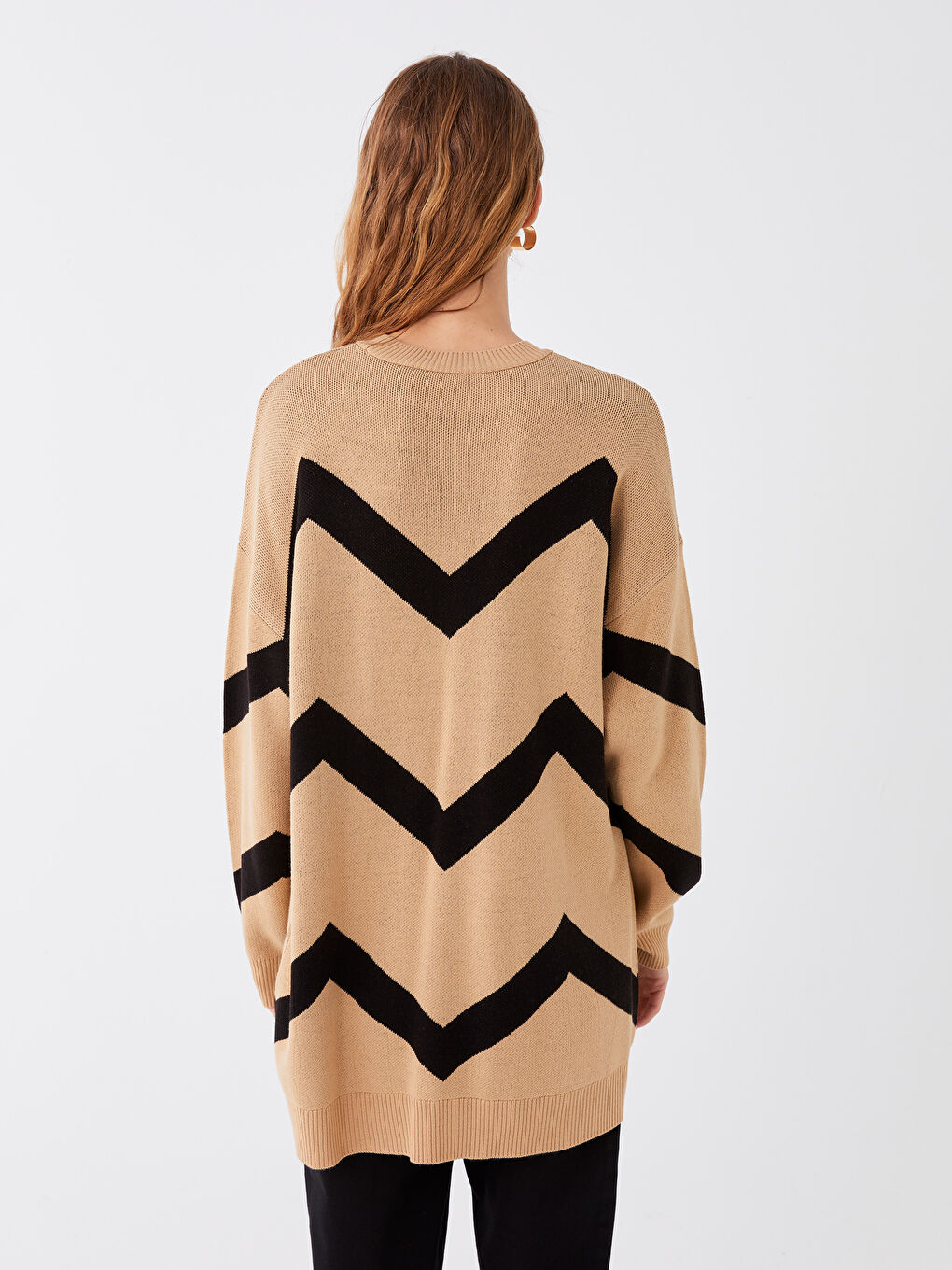 Kahverengi Bisiklet Yaka Çizgili Uzun Kollu Kadın Triko Tunik-4