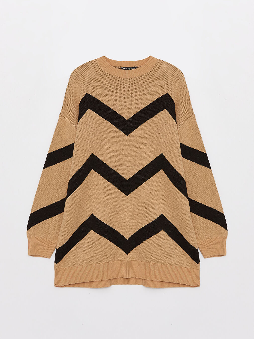 Kahverengi Bisiklet Yaka Çizgili Uzun Kollu Kadın Triko Tunik-5